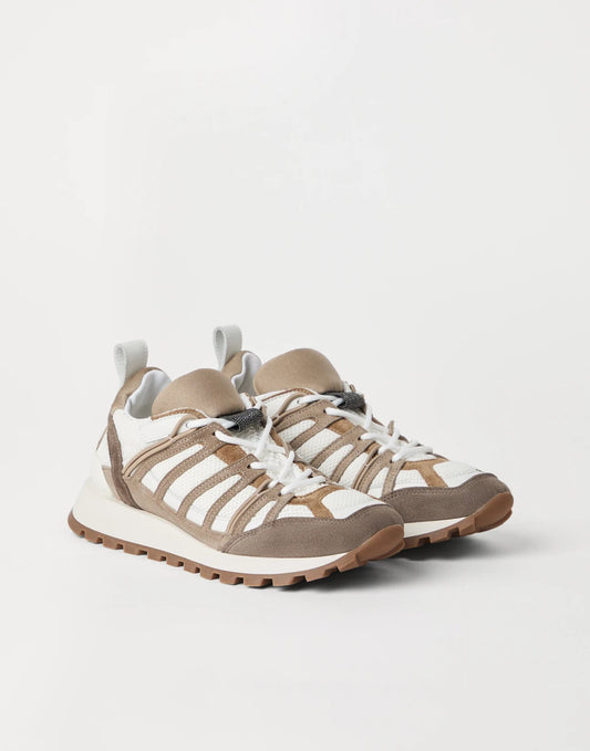 Suede and techno fabric runners with shiny loop detail