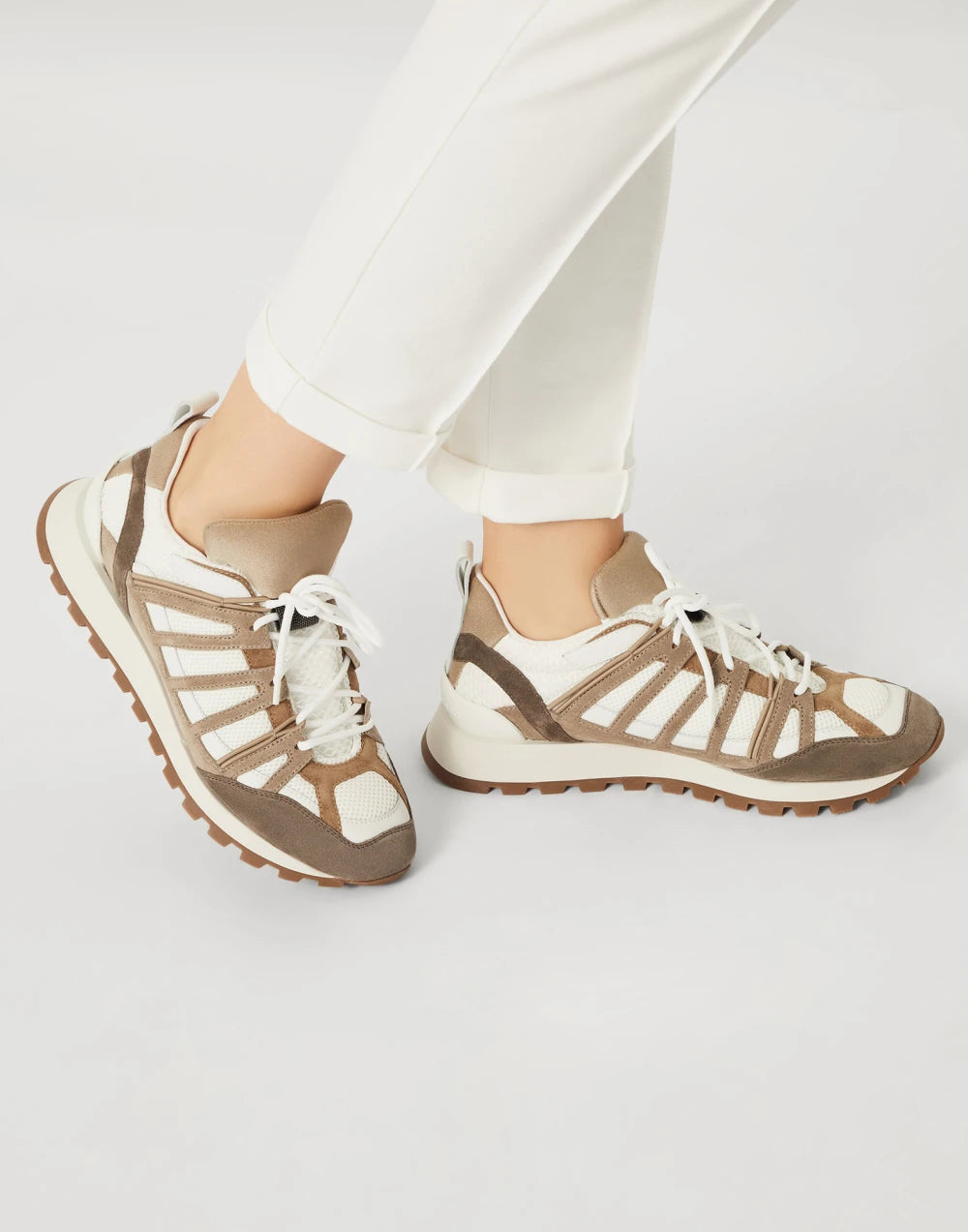 Suede and techno fabric runners with shiny loop detail