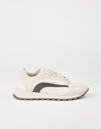 Suede and bonded cotton twill runners with precious stripe