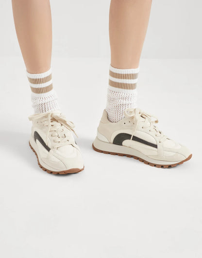 Suede and bonded cotton twill runners with precious stripe