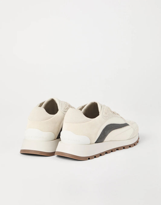 Suede and bonded cotton twill runners with precious stripe