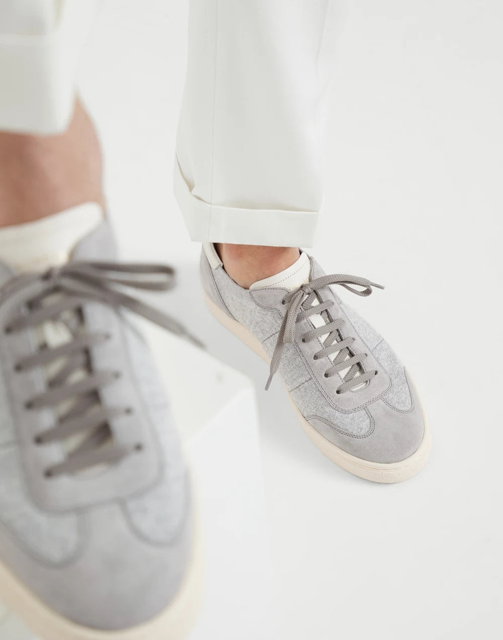 Cotton knit, washed suede and soft calfskin sneakers